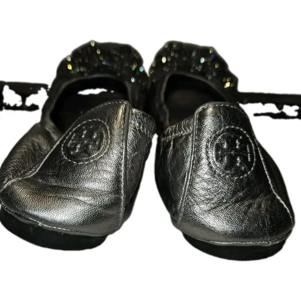 Tory Burch Eddie Pewter Leather Rhinestone Bow Ballet Flats Size 10 coquettecore